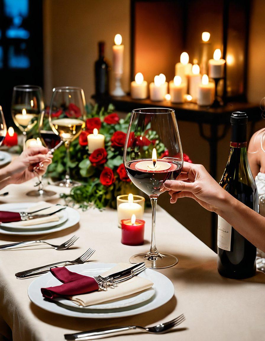 A beautifully arranged table with a variety of exquisite wine glasses filled with vibrant red and white wines. Surrounding the table are soft, flickering candle lights creating a warm, intimate atmosphere. Subtle floral arrangements and elegant cheese platters enhance the romantic setting. A couple is gently leaning towards each other, sharing a sip from the same glass, capturing the essence of connection. soft-focus, romantic lighting, vivid colors.