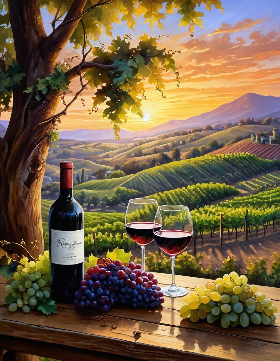 A picturesque vineyard landscape with rolling hills, grapevines laden with ripe grapes, and a rustic wooden table set for a romantic picnic with two wine glasses clinking together, symbolizing connection. In the background, a warm sunset casts a golden glow, enriching the sense of love and celebration. Artistic accents of heart shapes subtly integrated into the grape leaves. vibrant colors. painting.