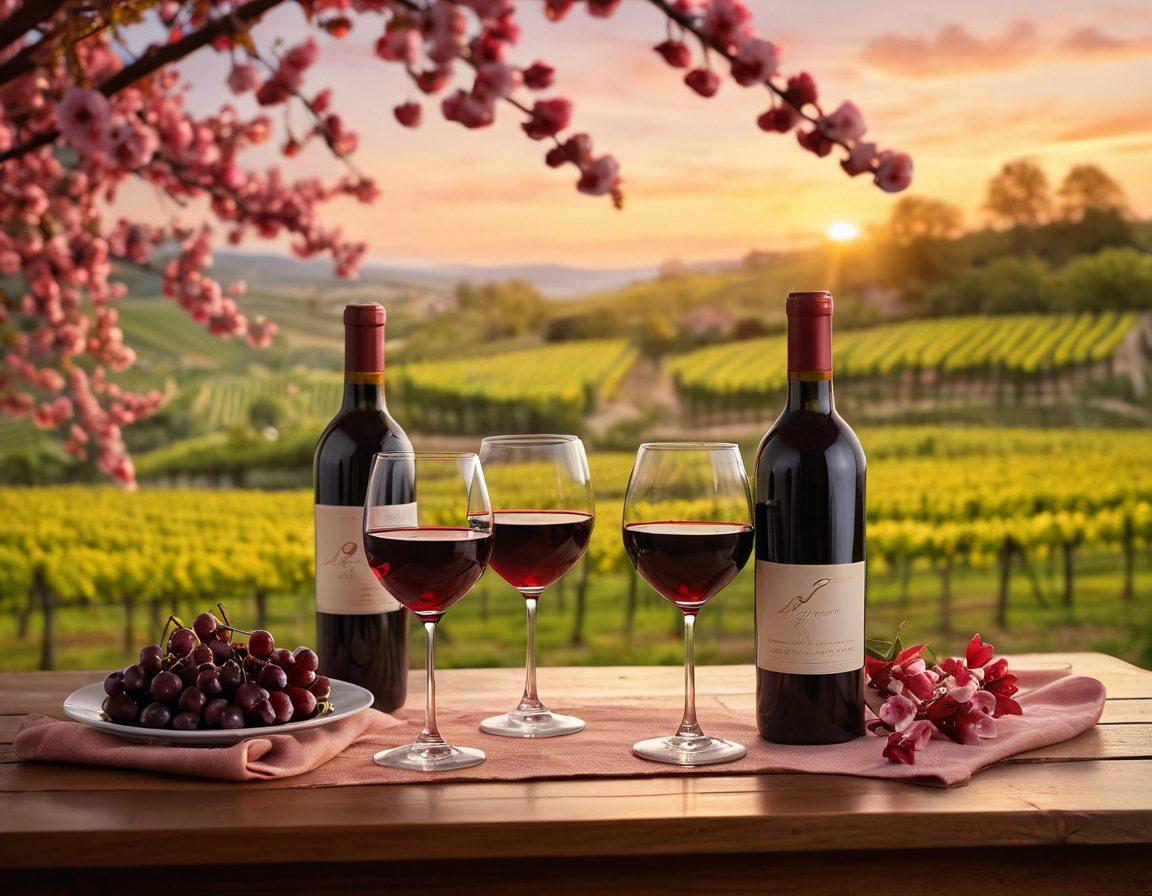 A romantic wine setting, featuring an elegantly set table with two wine glasses filled with rich red wine, surrounded by soft candlelight. In the background, a picturesque vineyard at sunset adds warmth, while cherry blossoms gently float in the air. Soft bokeh effects create a dreamy atmosphere. super-realistic. vibrant colors. warm lighting.